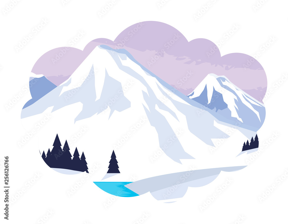 mountains with forest pines snowscape scene