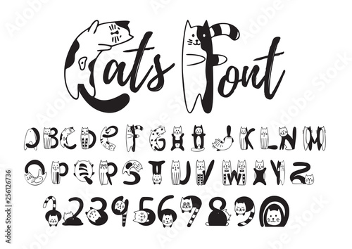 Fototapeta Cats font, cute black and white alphabet, numbers