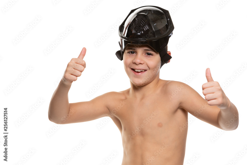 happy boy with full face diving mask, smiling and showing gestures, on white background happy boy with full face diving mask, smiling and showing gestures, on white background