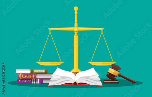 Law code books, justice scales and judge gavel. Law judgment punishment order justice. Wooden hammer. Legal and legislation authority. Vector illustration in flat style