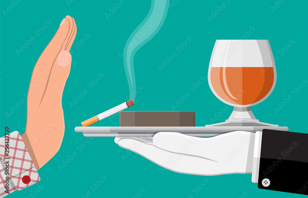 Alcohol and tobacco abuse concept. Hand gives glass of wine and
