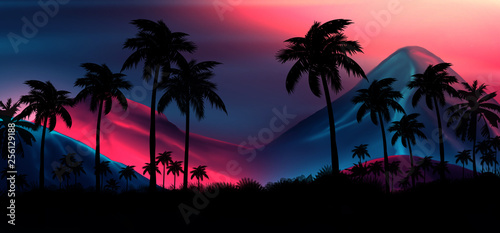 Night landscape with stars, sunset, stars. Silhouette coconut palm trees Vintage tone. Lights of the night city, neon, coast. © MiaStendal