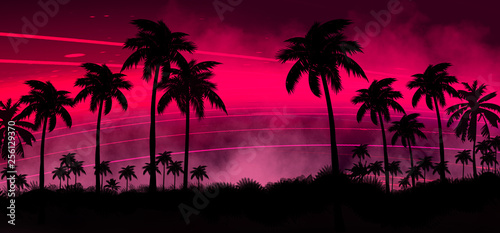 Fototapeta Naklejka Na Ścianę i Meble -  Night landscape with stars, sunset, stars. Silhouette coconut palm trees Vintage tone. Lights of the night city, neon, coast.