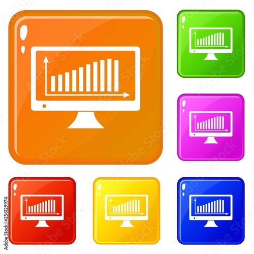 Graph on the monitor icons set collection vector 6 color isolated on white background