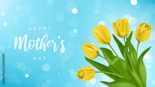 Happy Mother's Day vector banner. Vector illustration with realistic yellow tulips flowers on blue background with effect bokeh.