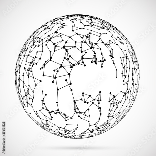 Big data icon.Artificial intelligence.Global network concept.3d plexus ball.Connected lines sphere.Dots,triangles,particles template.Abstract geometric spherical shape.Wireframe dotted sphere.