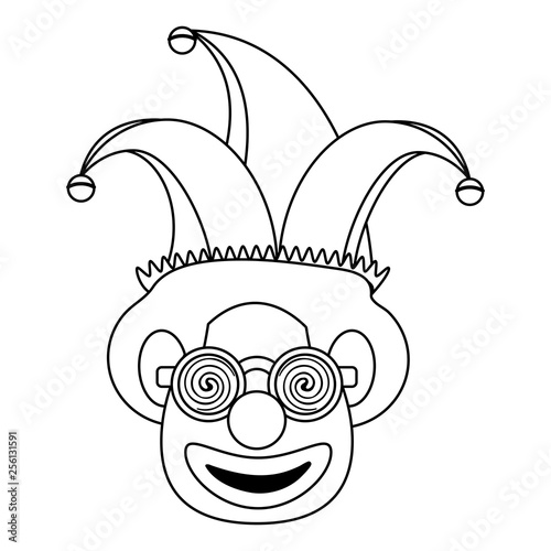 Clown face with glasses and hat cartoon in black and white