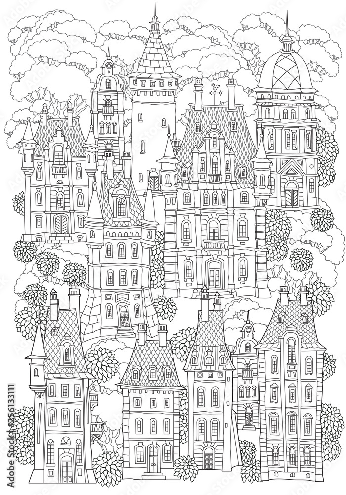 Fantasy landscape. Fairy tale castle, old medieval town, park trees. Hand drawn sketch, house and tower silhouette. T-shirt print. Album cover. Coloring book page for adults. Black and white doodle