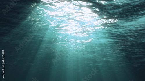 3D rendering of underwater light creates a beautiful solar curtain. Underwater ocean waves oscillate and flow with the rays of light