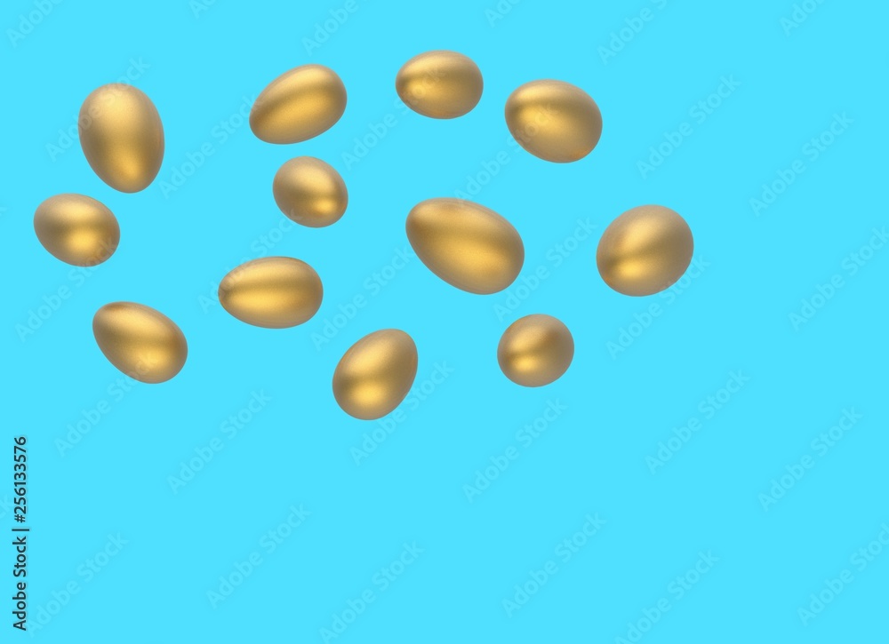 Golden Easter Eggs Flying on a blue background. Realistic 3d render. Golden Easter Eggs Flying on a blue background. Realistic 3d render.