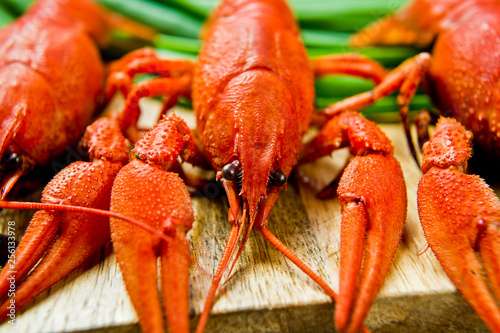 Boiled red crayfish on a wooden chopping Board. Black background, top view, close up. photo