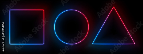 Neon frames, disco light bulbs. Vector rectangle, triangle and circle light bulb neon frames on black background