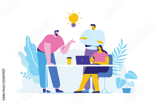 Team thinking and brainstorming. Training of office staff. Increase sales and skills. Analytics of company information.Flat vector illustration
