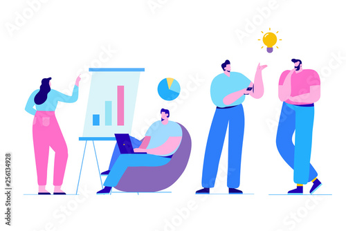 Brainstorming creative team idea discussion people. Teamwork staff around table laptop. Team thinking and brainstorming.  Analytics of company information. Flat vector illustration