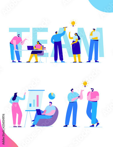 Brainstorming creative team idea discussion people. Teamwork staff around table laptop. Team thinking and brainstorming. Analytics of company information. Flat vector illustration