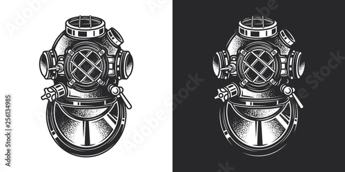 Monochrome vector illustration of a diving helmet in vintage style