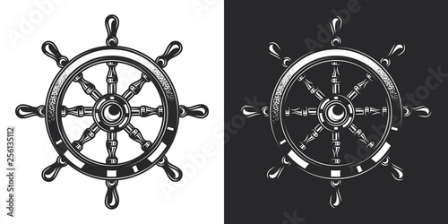 Monochrome vector illustration of a ship steering wheel in vintage style