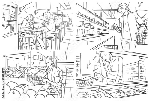 Storyboard with people at grocery cafe