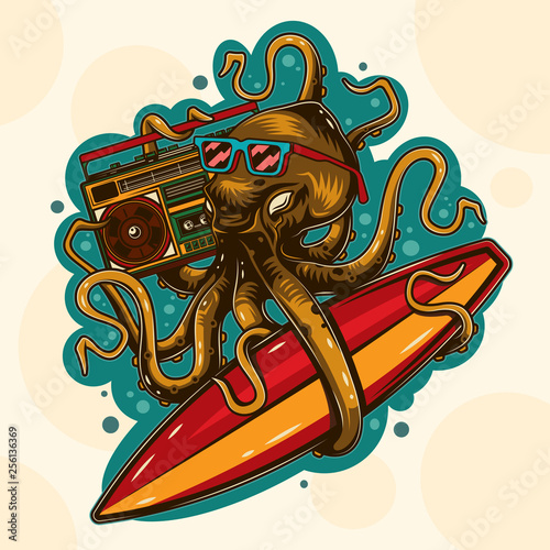 Canvas Print Original vector illustration in vintage octopus style with glasses with surfing
