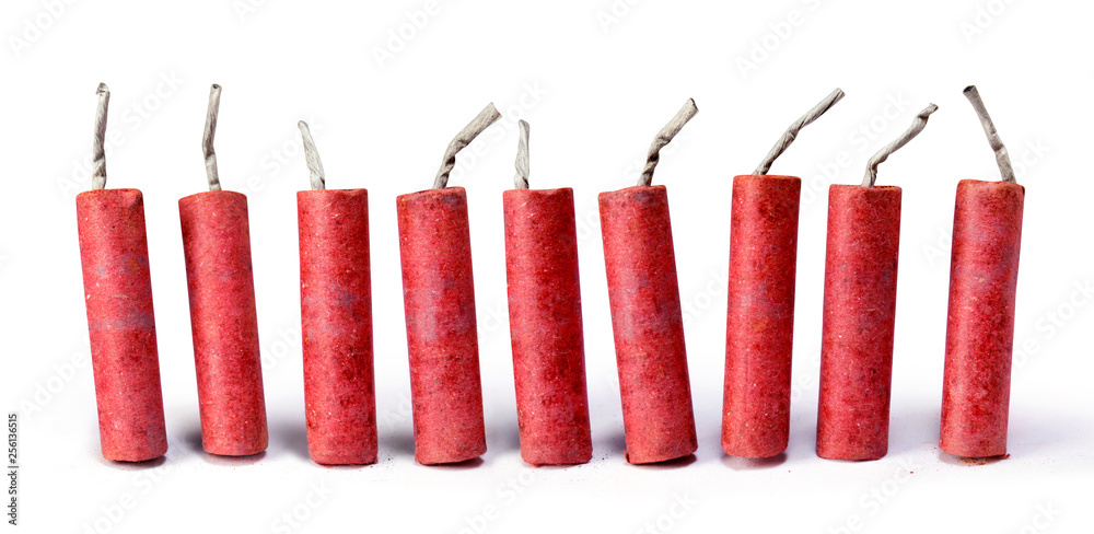 Red Firecrackers isolated on white background with clipping path. - obrazy, fototapety, plakaty 