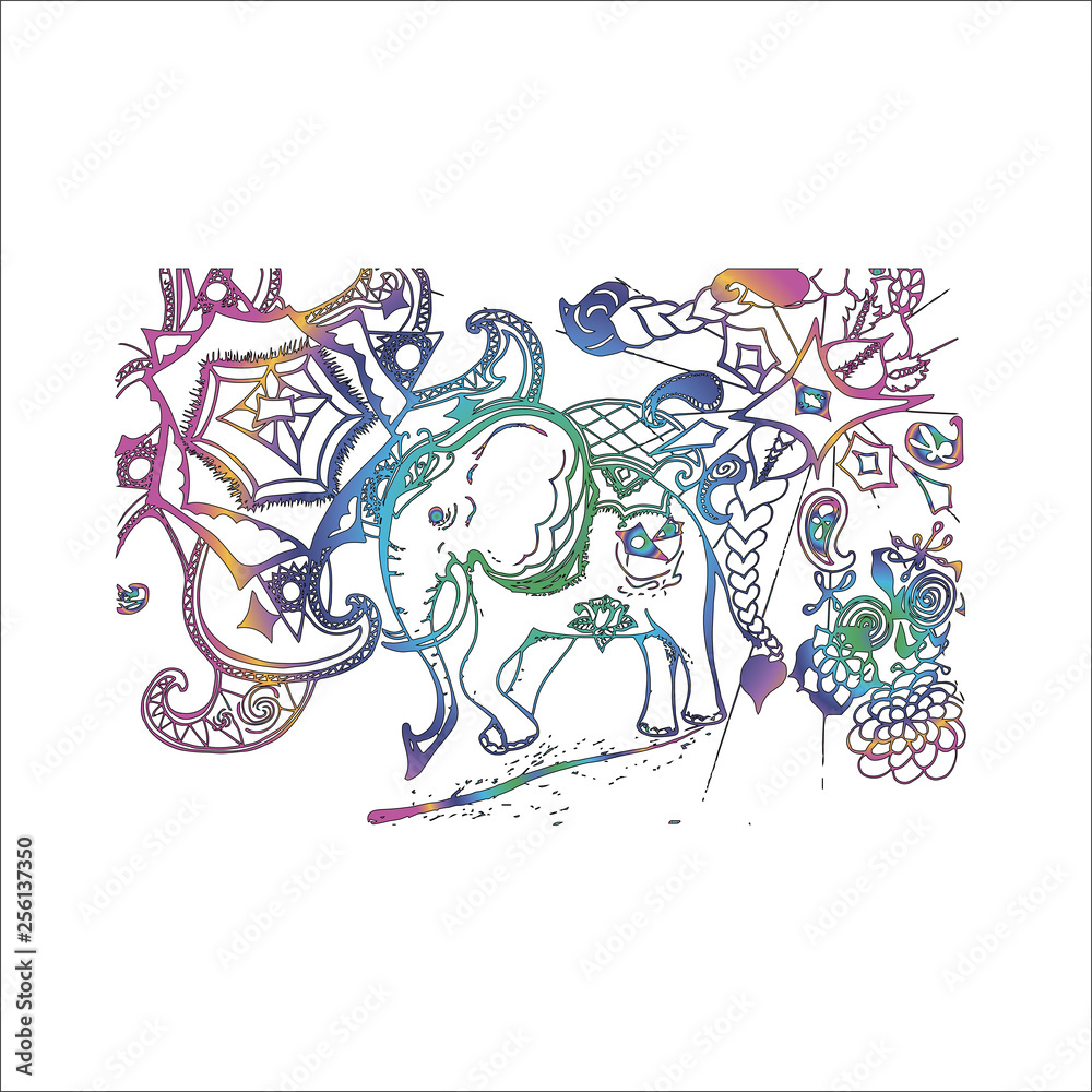 Color neon illustration of a psychedelic elephant on a background of madhala, animals, patterns.
