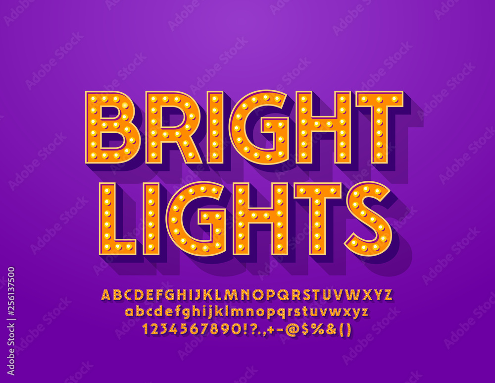 Vector Bright Lights Alphabet Letters, Numbers and Symbols. Electric lamp Font in Vintage style