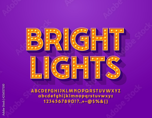 Vector Bright Lights Alphabet Letters, Numbers and Symbols. Electric lamp Font in Vintage style