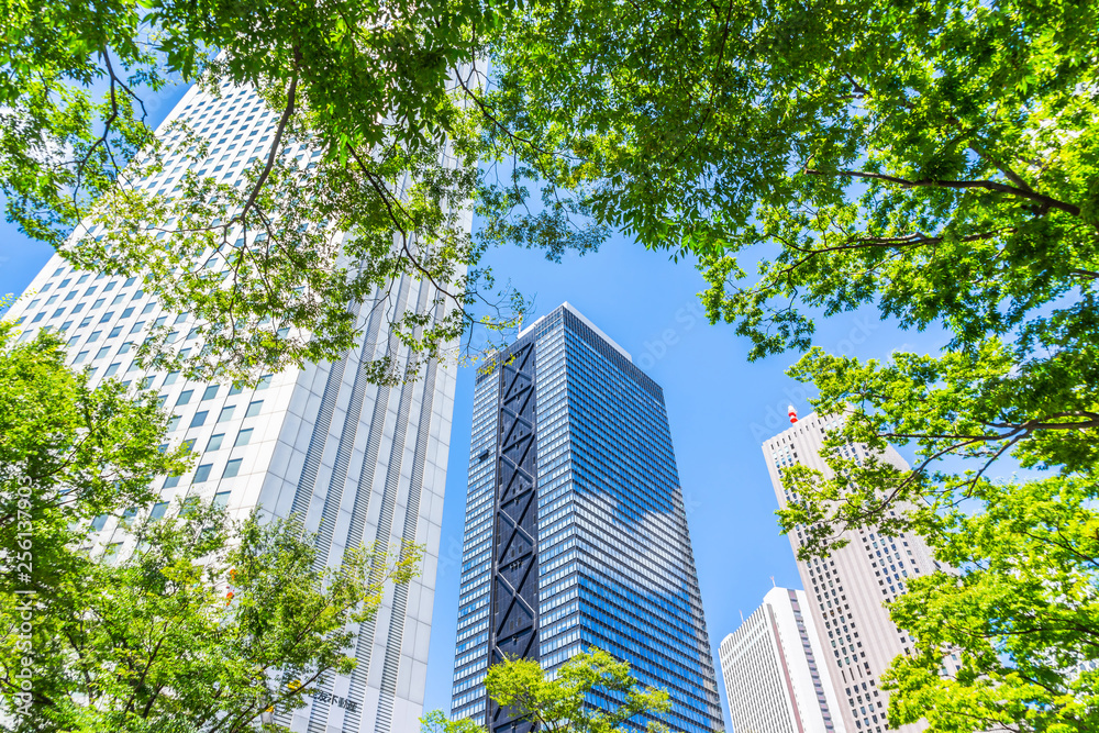 Asia Business concept for real estate, corporate construction and ecology - looking up view of panoramic modern city skyline with blue sky and green tree in shinjuku, tokyo, japan