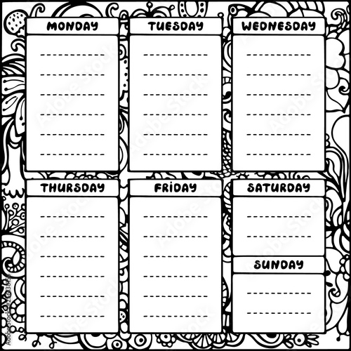 Hand drawing black and white weekly planner template. Cute doodle stationery organizer and schedule for daily plans, diary, schedules. Floral background. Bullet journal style. Vector illustration.
