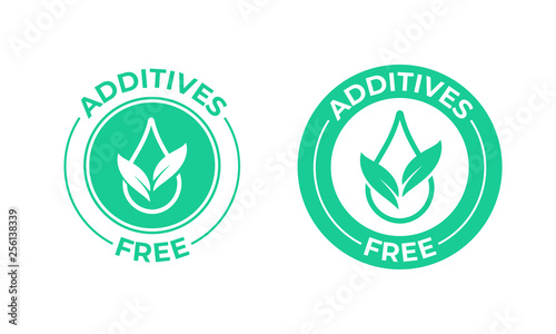 Additives free vector icon. Green leaf and drop, additives free natural food package stamp