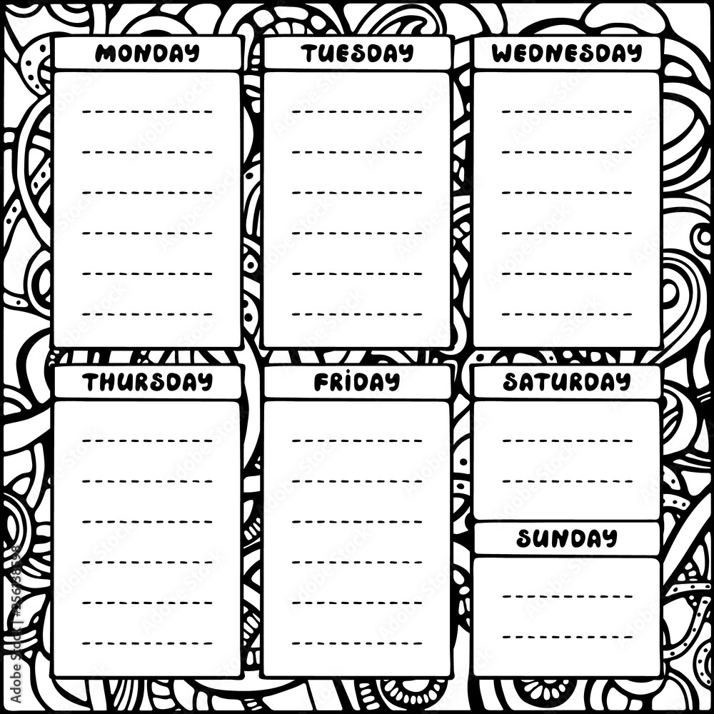 Hand Drawing Black And White Weekly Planner Template. Cute Doodle  Stationery Organizer And Schedule For Daily Plans, Diary, Schedules. Bullet  Journal Style. Vector Illustration. Stock-Vektorgrafik | Adobe Stock