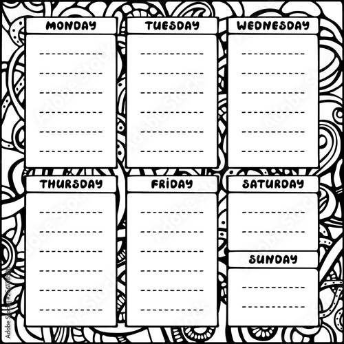 Hand drawing black and white weekly planner template. Cute doodle stationery organizer and schedule for daily plans, diary, schedules. Bullet journal style. Vector illustration.