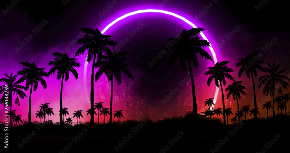 Naklejka premium Night landscape with stars, sunset, stars. Silhouette coconut palm trees Vintage tone. Lights of the night city, neon, coast.