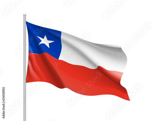 Waving flag of republic Chile. Realistic iIllustration of South America country flag on flagpole. 3d vector icon isolated on white background