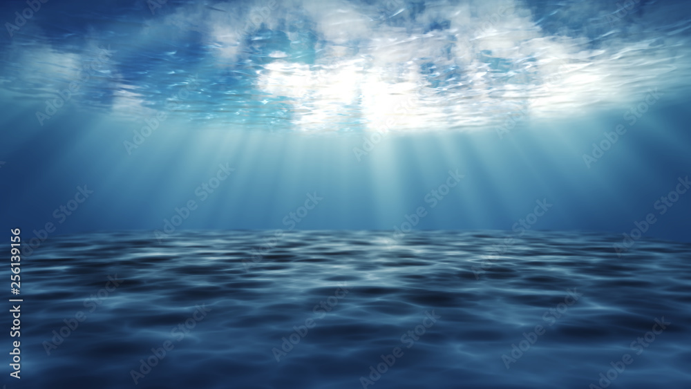 Fototapeta premium Dark blue ocean surface from underwater. Abstract Fractal waves underwater and rays of sunlight shining through