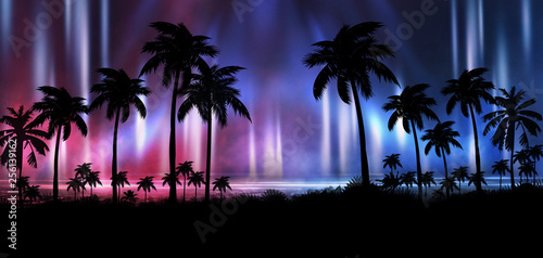 Night landscape with stars  sunset  stars. Silhouette coconut palm trees Vintage tone. Lights of the night city  neon  coast.