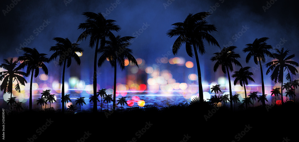 Obraz premium Nocny krajobraz z gwiazdami, zachodem słońca, gwiazdami. Sylwetka palmy kokosowe Vintage ton. Światła nocnego miasta, neonu, wybrzeża.