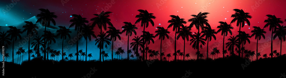 Night landscape with stars, sunset, stars. Silhouette coconut palm trees Vintage tone. Lights of the night city, neon, coast.