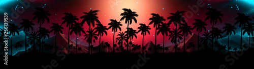 Night landscape with stars  sunset  stars. Silhouette coconut palm trees Vintage tone. Lights of the night city  neon  coast.