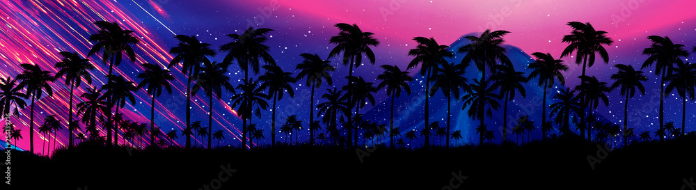 Night landscape with stars, sunset, stars. Silhouette coconut palm trees Vintage tone. Lights of the night city, neon, coast.