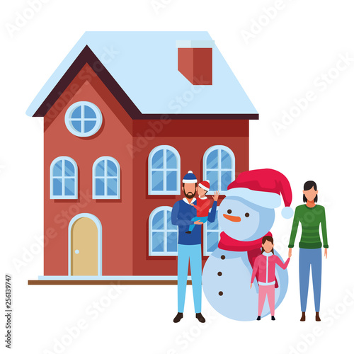 family with snowman and house