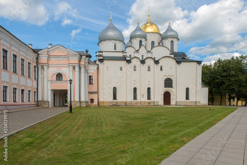 VELIKY NOVGOROD, RUSSIA - AUGUST 14, 2018: Sophia Russian Orthodox cathedral at sunny summer day in Veliky Novgorod, Russia. Architecture landscape of Orthodox landmark