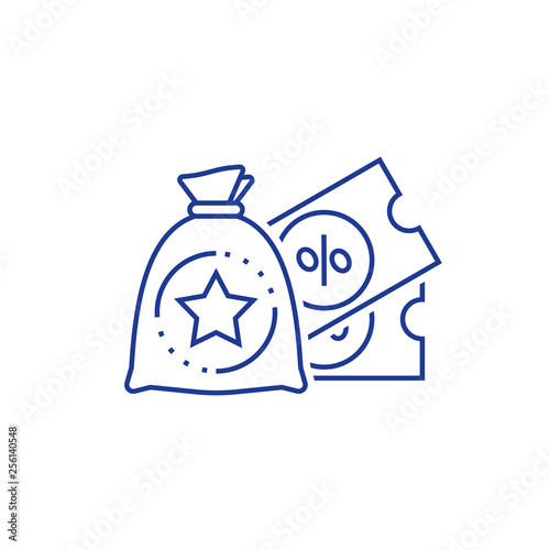 Redeem gift, win present, loyalty incentives, earn reward, perks concept, discount coupon, lottery ticket, line icon