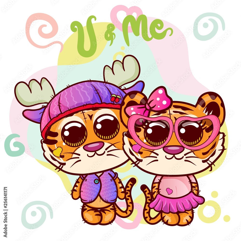 Two Cute Cartoon tiger boy and girl - Vector