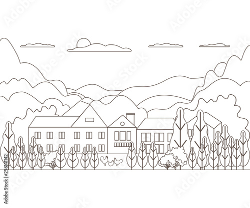 Thin line outline landscape rural farm. Panorama design village modern with mountain  hill  tree  sky  cloud and sun. Line art stile abstract backround  linear vector illustration