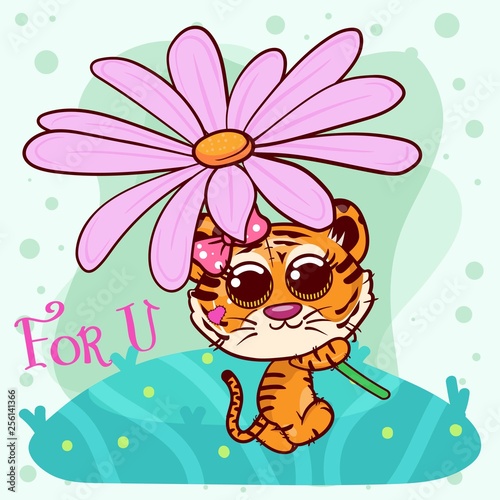 Baby Shower Greeting Card with cute Cartoon tiger girl - Vector