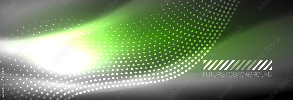 Obraz premium Glowing abstract wave on dark, shiny motion, Christmas and New Year magic space light. Techno abstract background