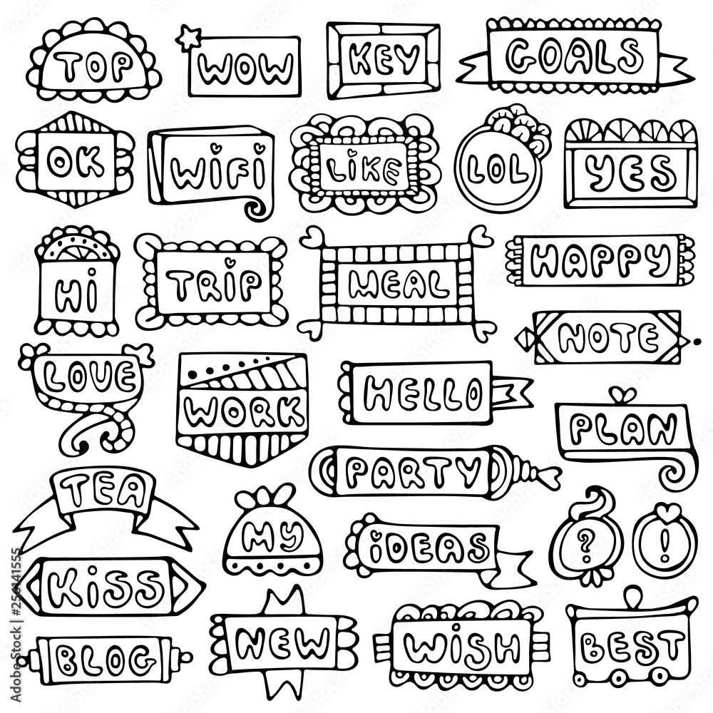 Bullet journal hand drawn vector elements for notebook, diary and planner. Doodle frames set isolated on white background.