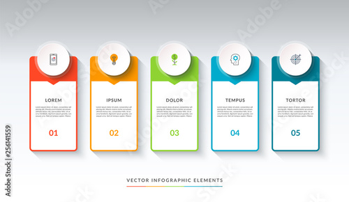 Infographic banner with 5 circles and tabs. Can be used as a diagram, graph, chart. Vector template for business infographics with place for text and icons