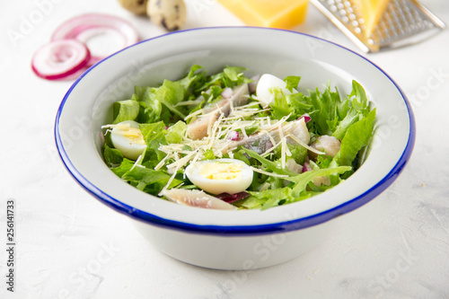 Fresh salad with salted herring, fish, lettuce, boiled quail eggs, red onions and hard Parmesan cheese. Delicious lunch, spring green food